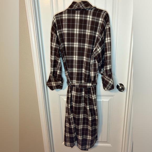 Pottery Barn Plaid Flannel Robe Size Large/XL Cotton Brown Cream Blue Unisex - Picture 2 of 8